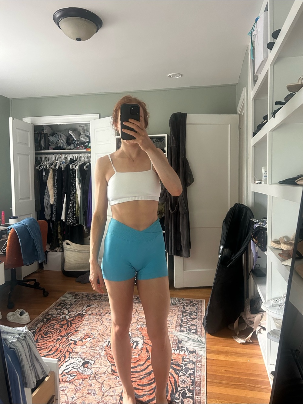 Cross Waist Green Women's work set Shorts and white sports bra